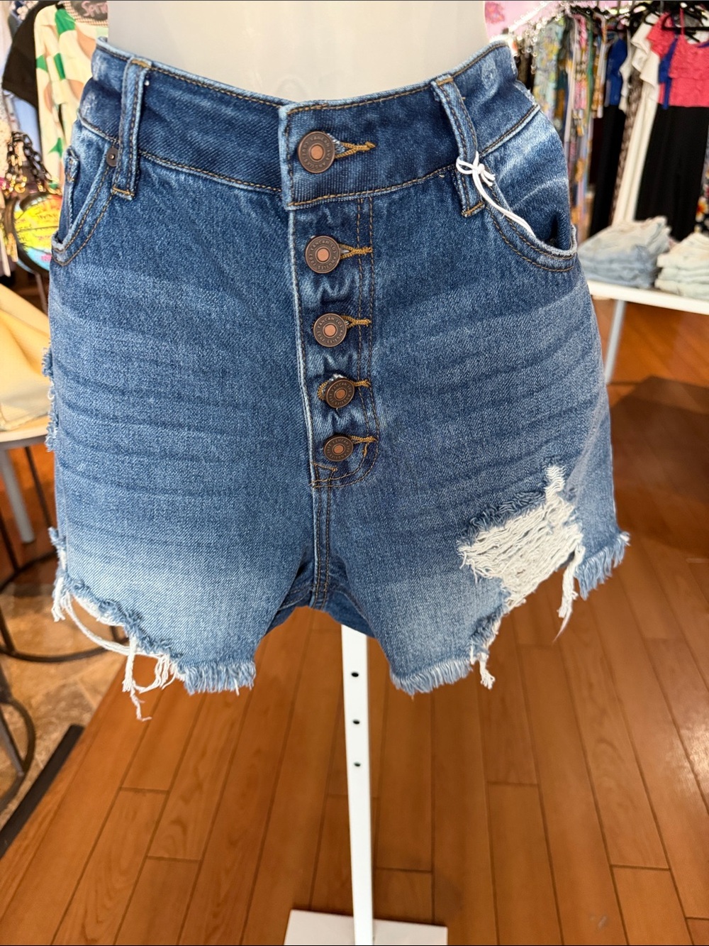 KanCan Blue High-Rise Button-Front Distressed Jean Shorts